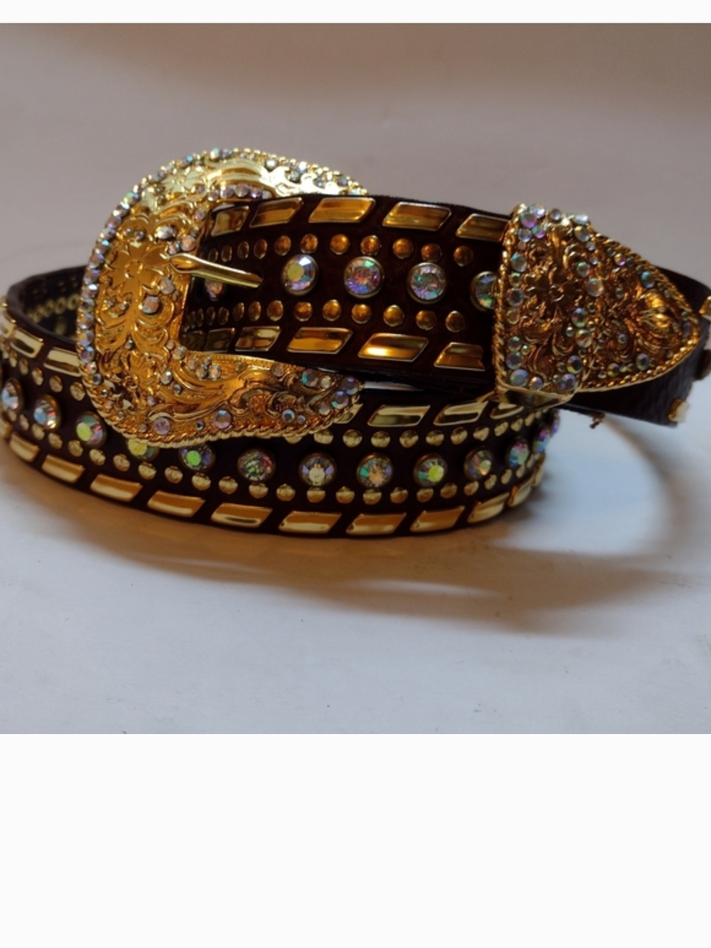 Brown Leather Belt with Gold Western Buckle and Aurora Crystal Studs